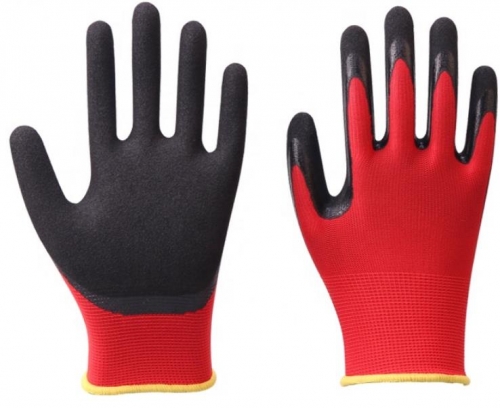 Red Polyester Nitrile Sandy Coated Construction Work Gloves